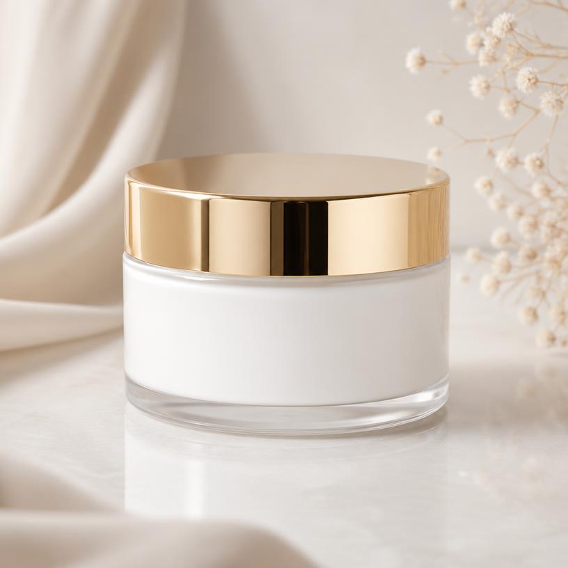 Satin Silk whipped body butter in a glass jar with gold lid