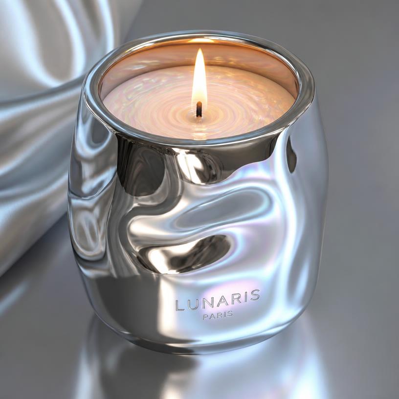 Celestial Wax pearlescent candle in a liquid chrome jar